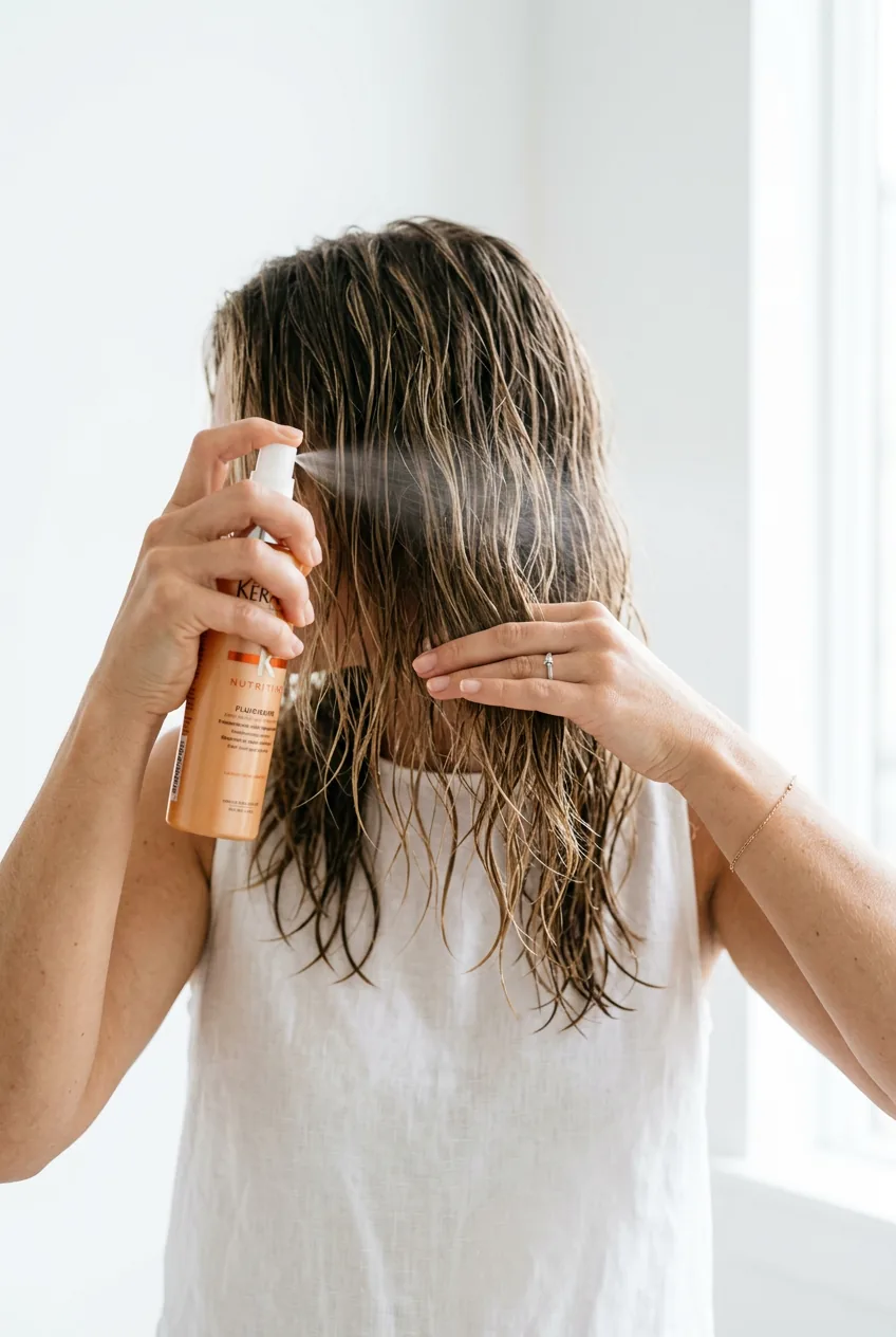 Hands applying clear heat protectant spray to damp layered hair from mid-length to ends