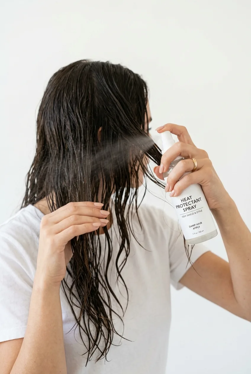 Hands applying heat protectant spray to damp long hair in tutorial demonstration