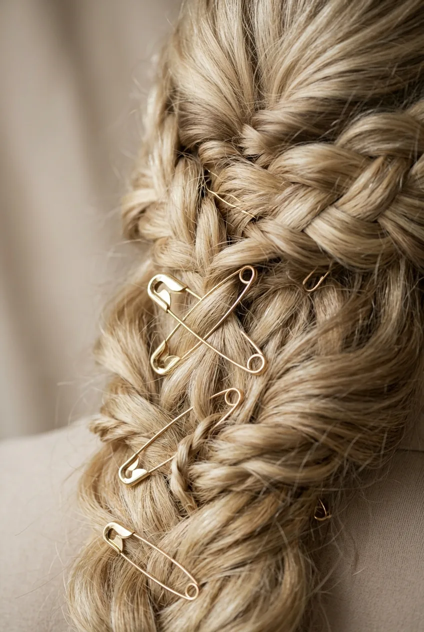 Macro photography of safety pins strategically hidden throughout elaborate bridal braid structure