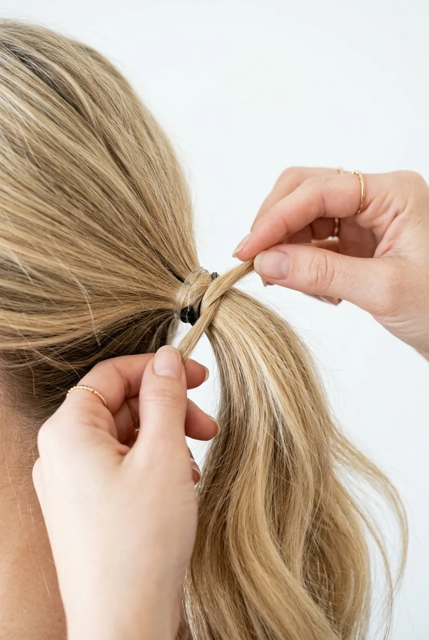 Close-up technique of wrapping hair strand around elastic band to hide it
