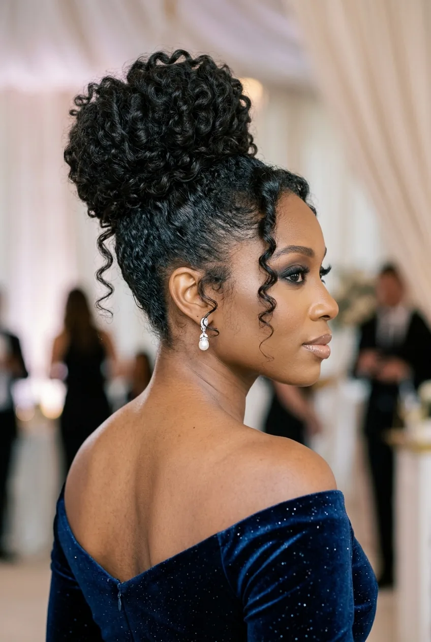 High curly bun positioned at crown with loose curls escaping naturally