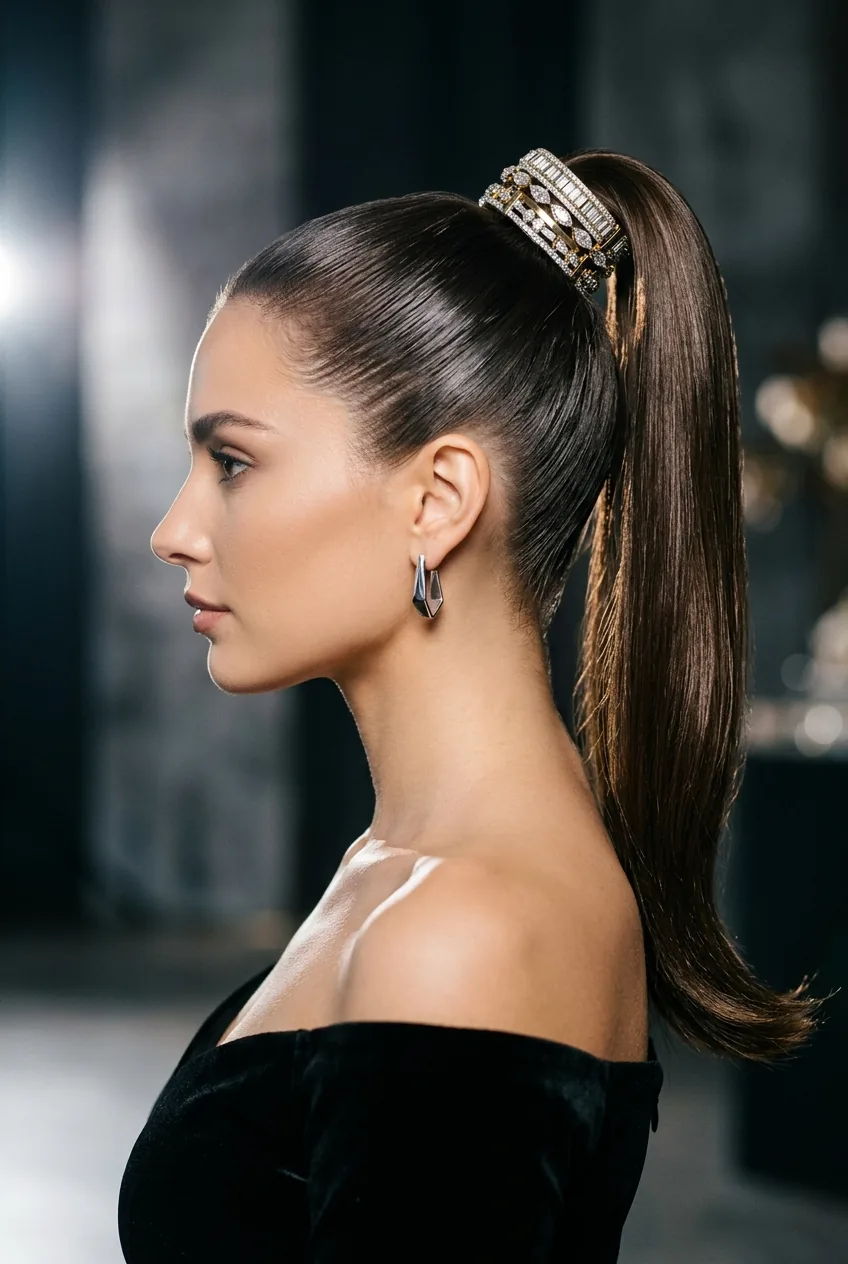 Sleek high ponytail with metallic jeweled chain wrapped around the base