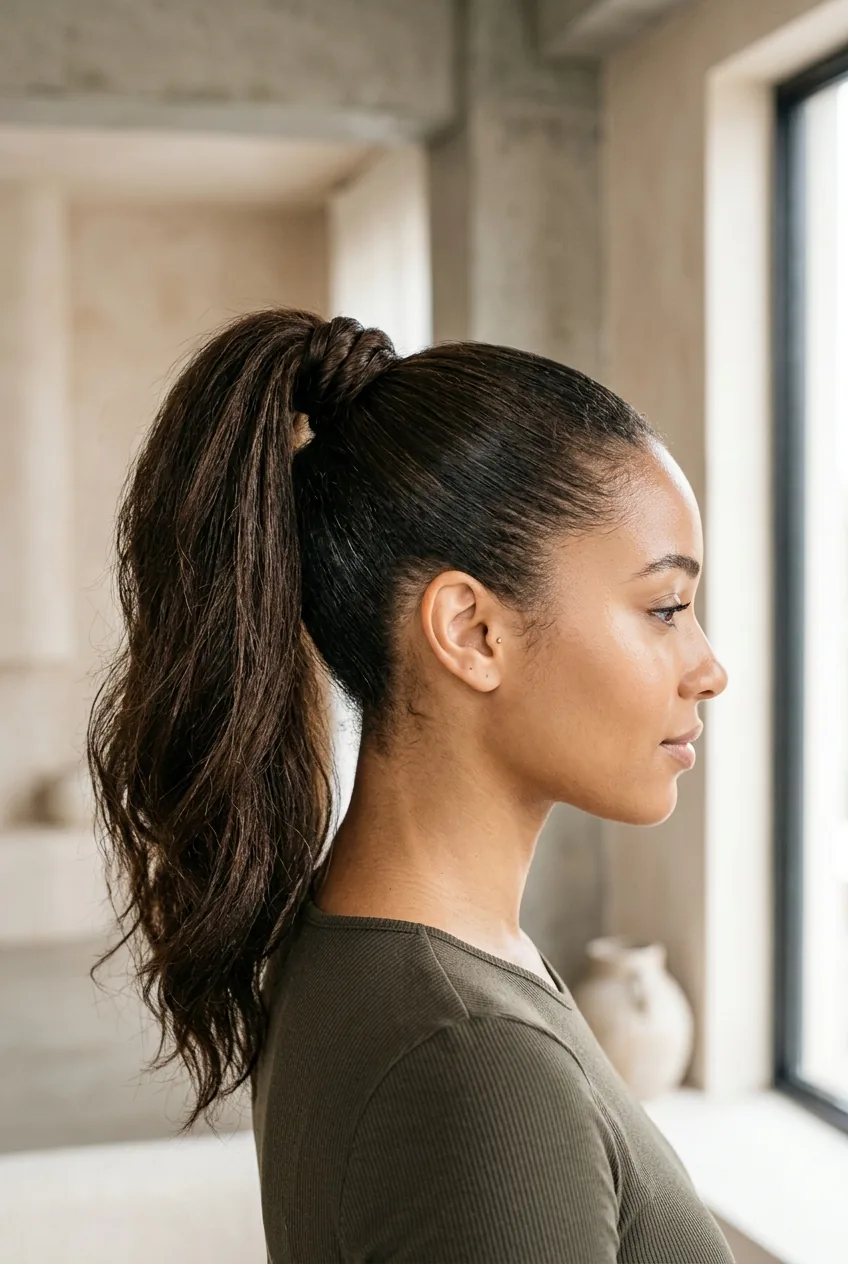 Woman with high ponytail featuring simple twist wrap around the elastic base