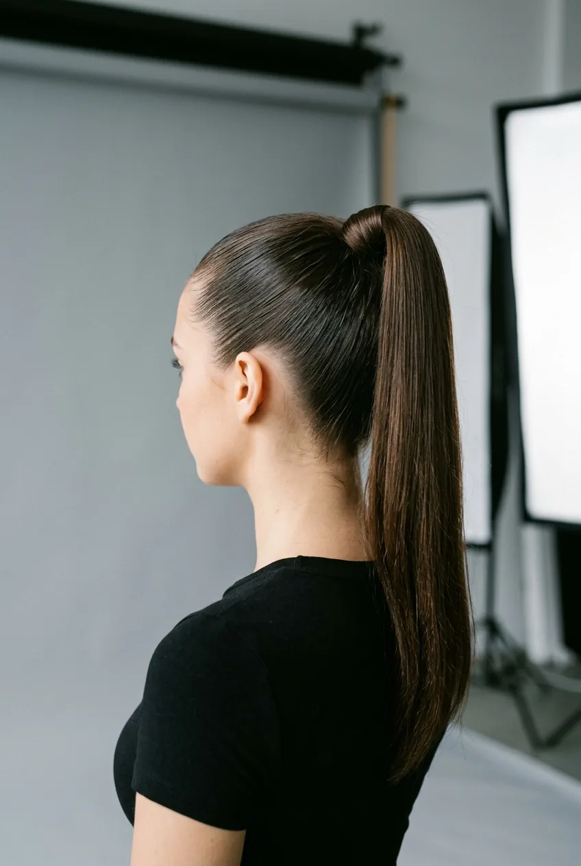 High tension ponytail pulled extremely tight showing smooth scalp and dramatic height
