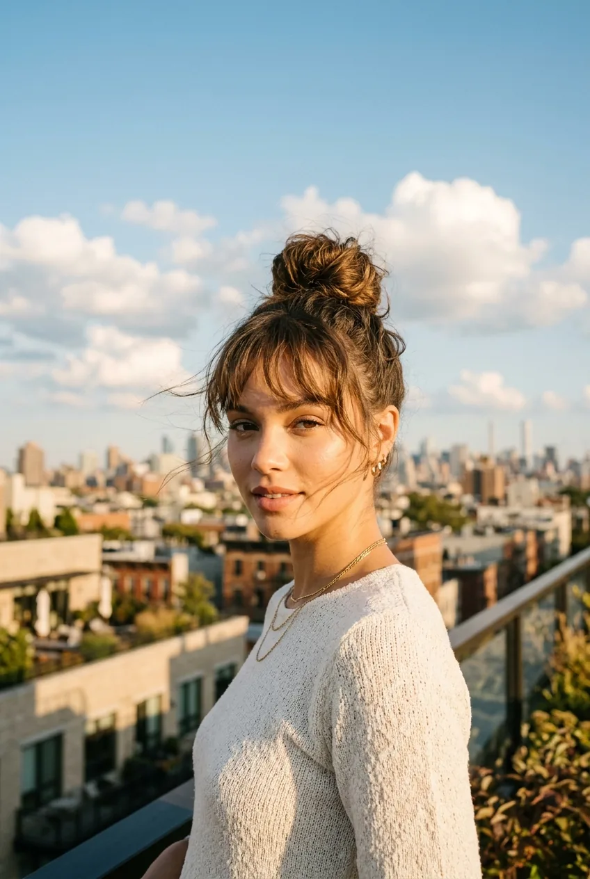Woman with high textured bun and wispy face-framing bangs on rooftop