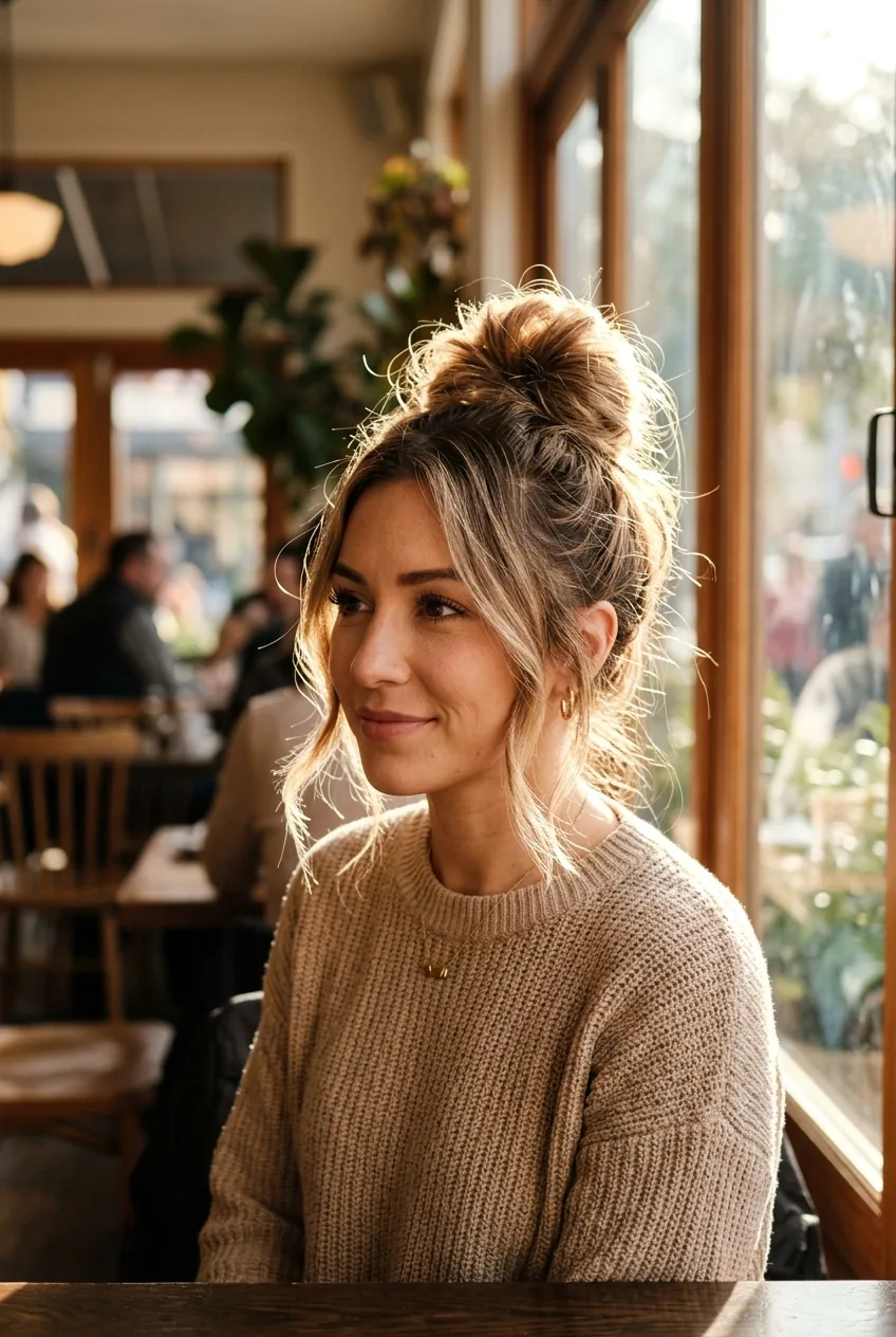 Woman sporting high top knot with deliberately loose textured pieces for casual elegance