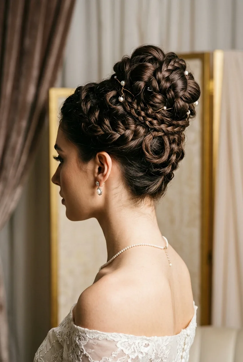 High twisted bun with intricate braided details and complex pinning technique