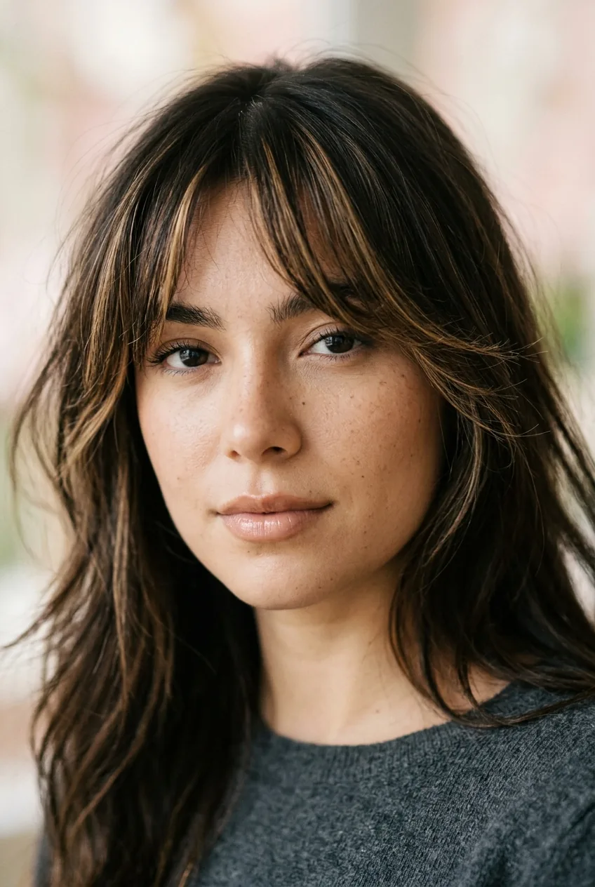 Close-up of butterfly bangs with subtle highlights and natural texture