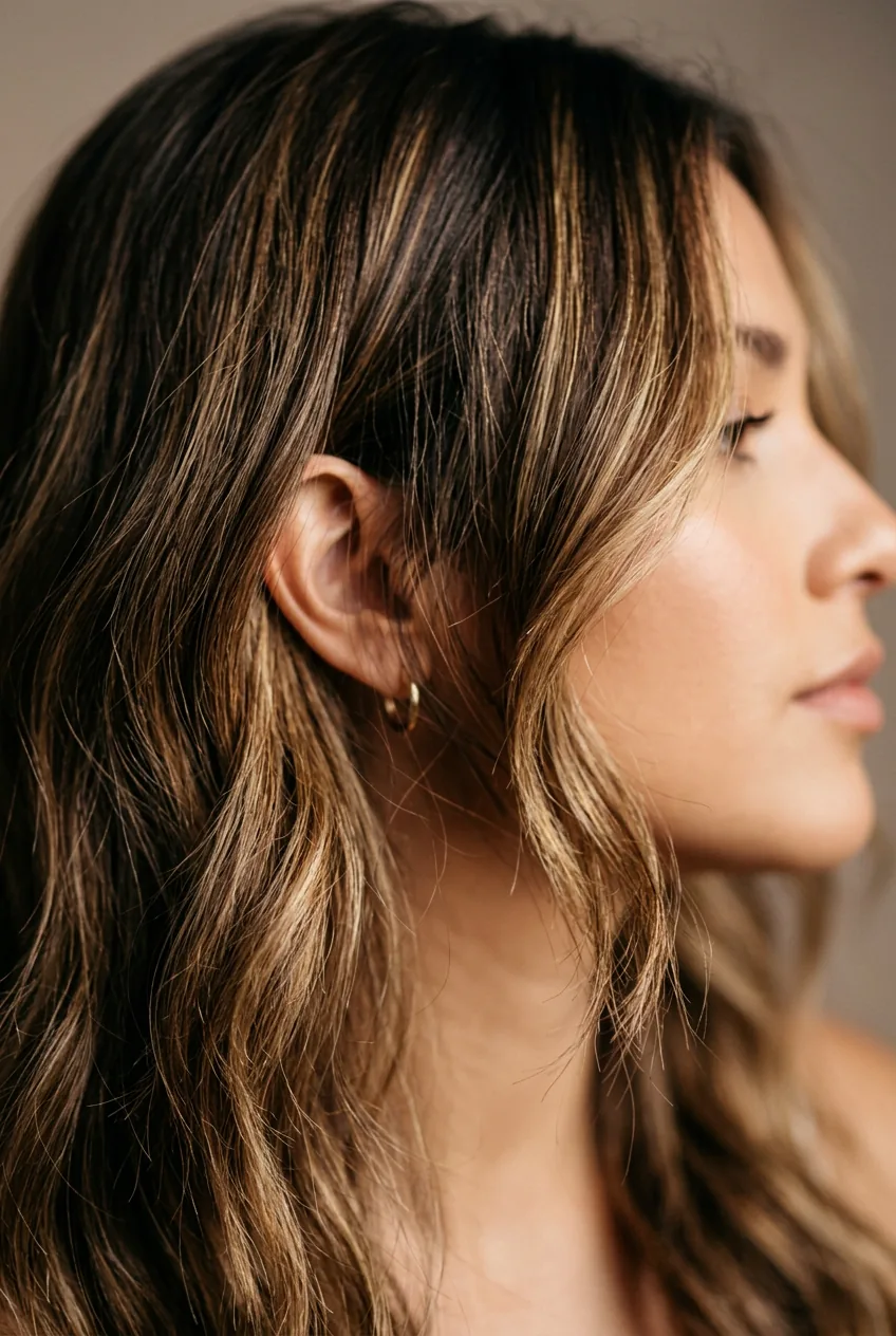 Mid-length hair featuring face-framing highlights and dimensional color
