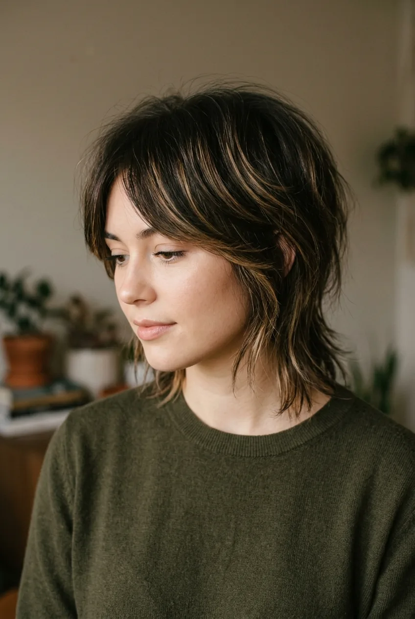 Wolf cut with dimensional highlights demonstrating how color enhances the layered cut's texture