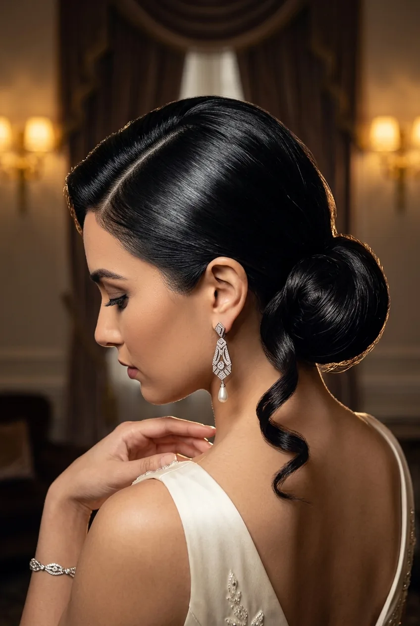 Hollywood glamour wedding hairstyle with sleek side part and glossy low chignon with vintage lighting