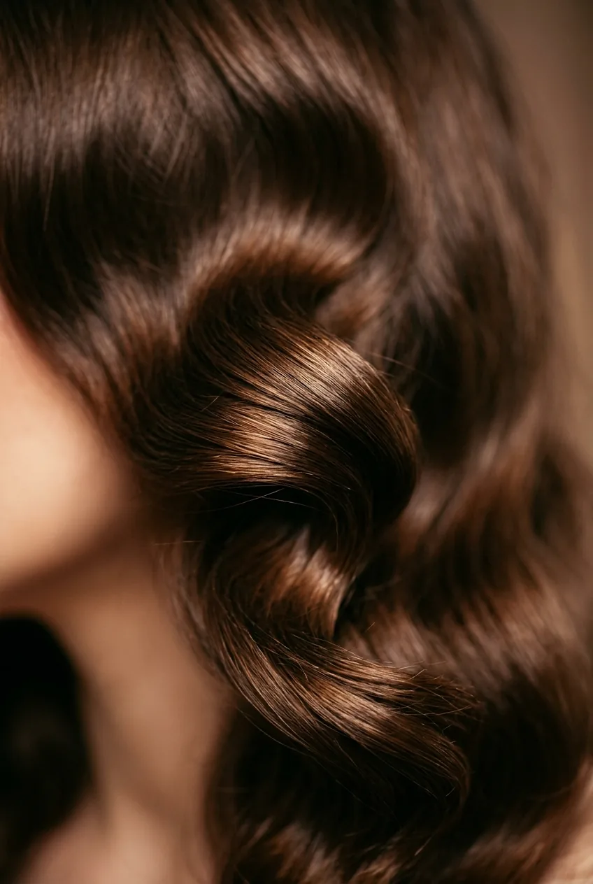 Woman in profile showing deep Hollywood glamour waves with structured movement and vintage styling
