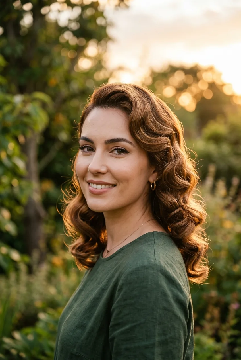 Woman with Hollywood pin curls creating vintage S-wave pattern in warm sunlight