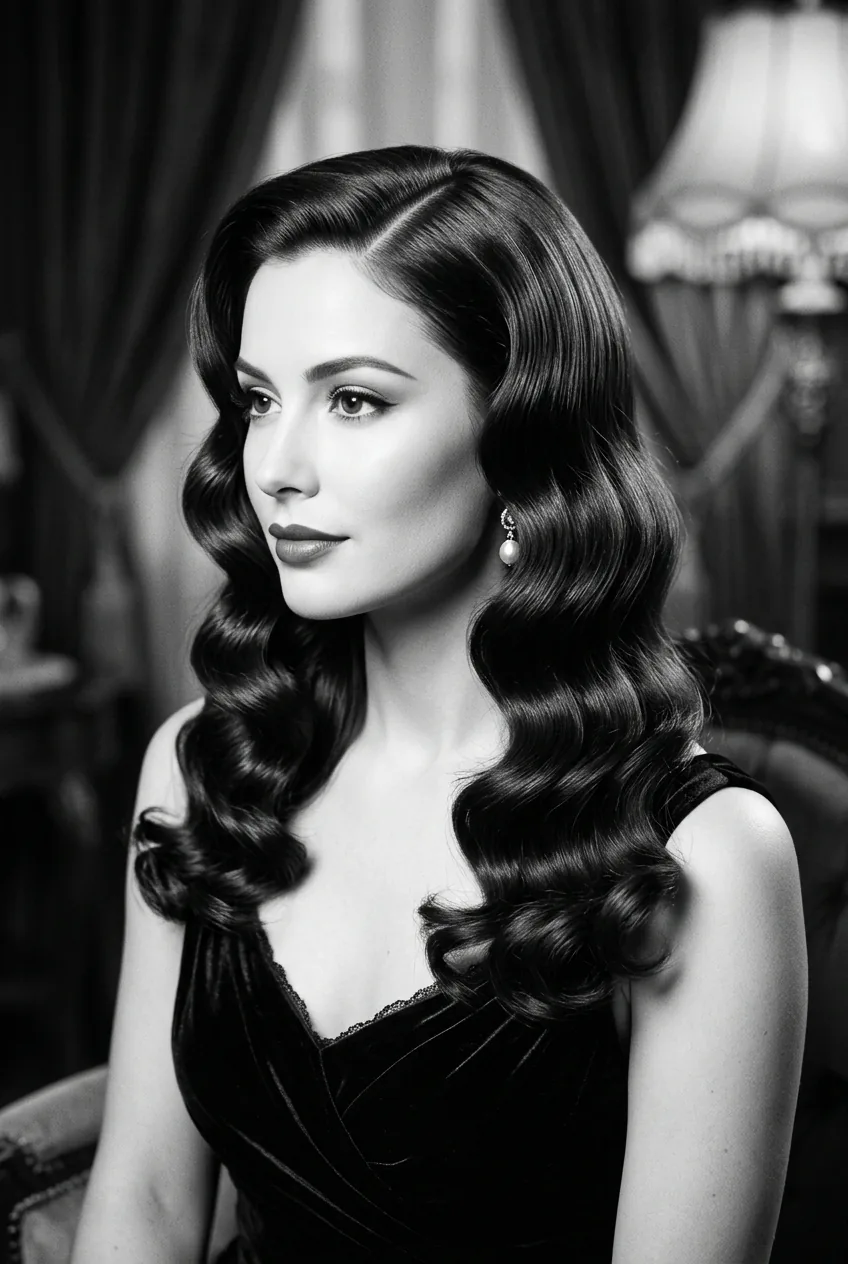 Vintage Hollywood waves with deep side part showing smooth S-shaped wave pattern
