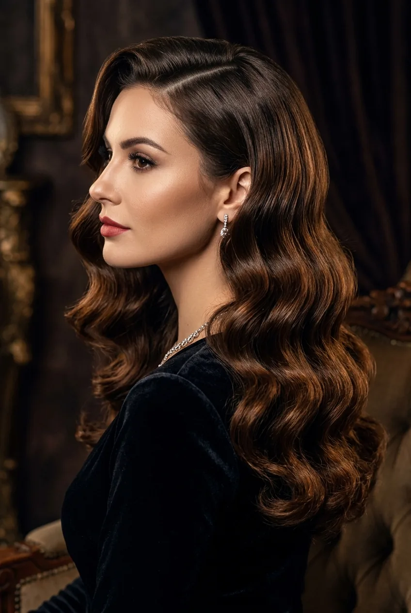 Dramatic side-parted Hollywood waves cascading over shoulder in glamorous styling