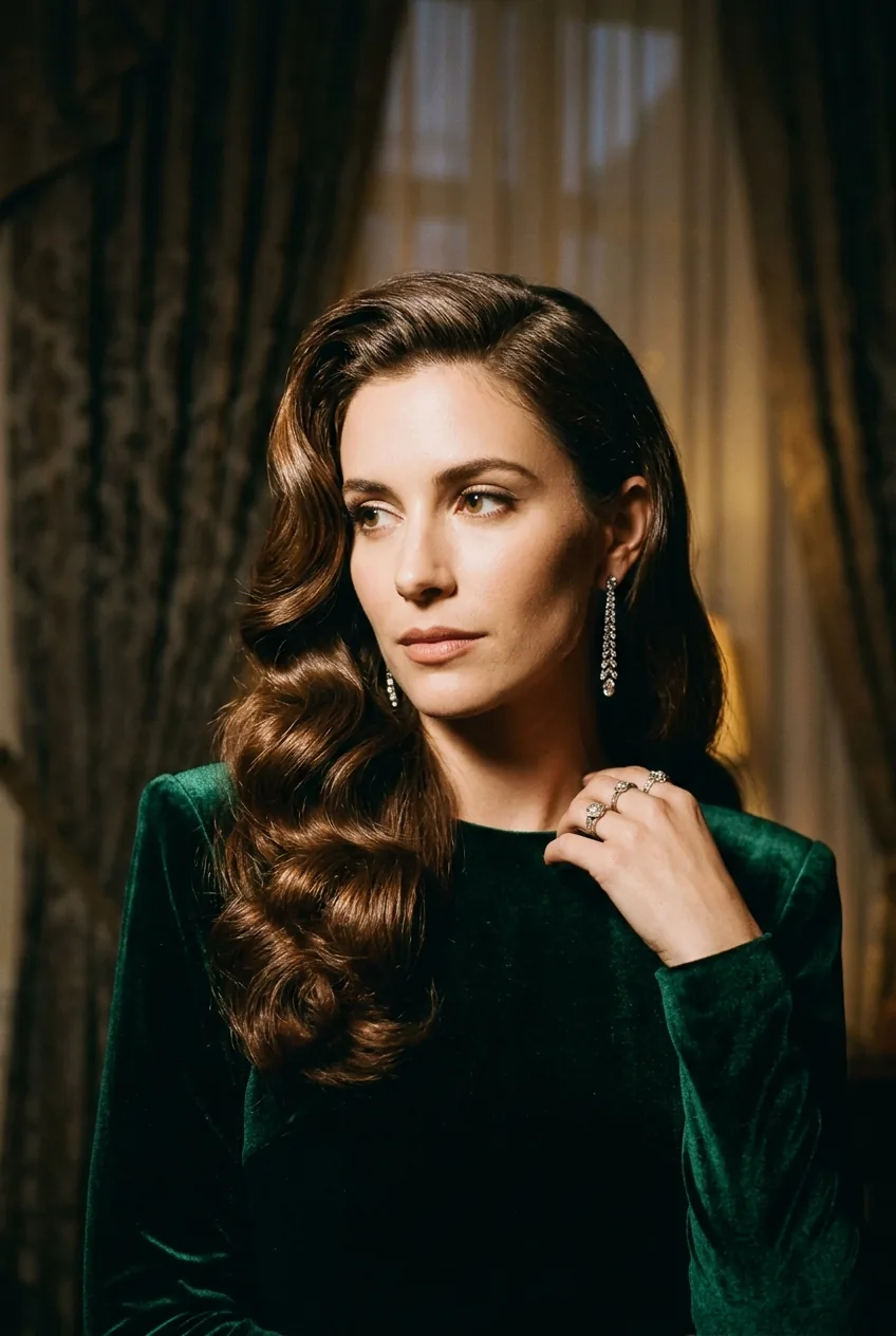 Dramatic side-parted Hollywood waves flowing over one shoulder in vintage style