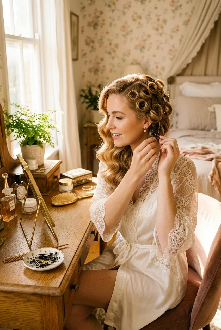 Woman creating Hollywood waves using pin curl method at dressing table with bobby pins