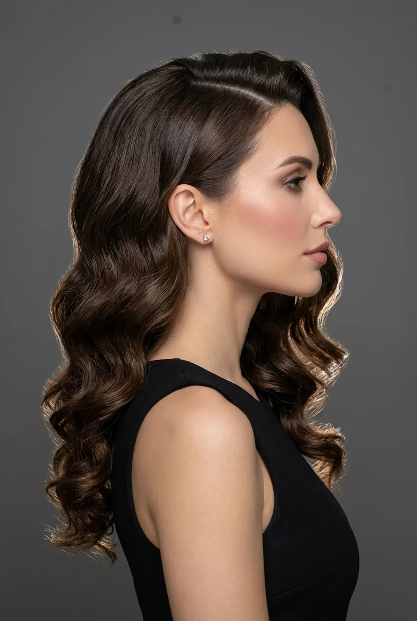 Woman displaying side-swept Hollywood waves with deep side part and voluminous curls