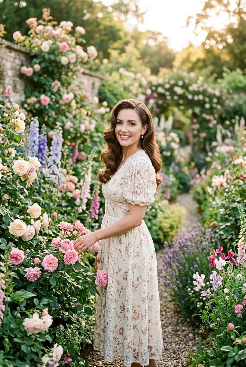 Woman with classic Hollywood waves and deep side part in elegant garden setting