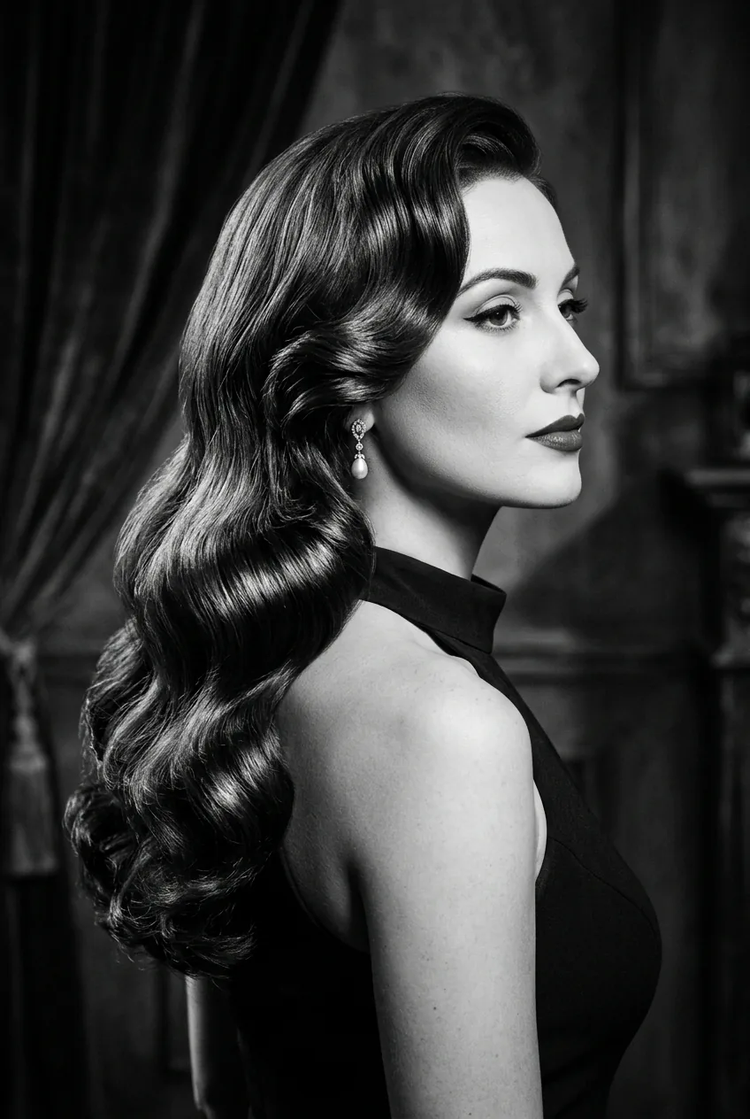 Dramatic Hollywood waves swept to one side in classic vintage glamour styling