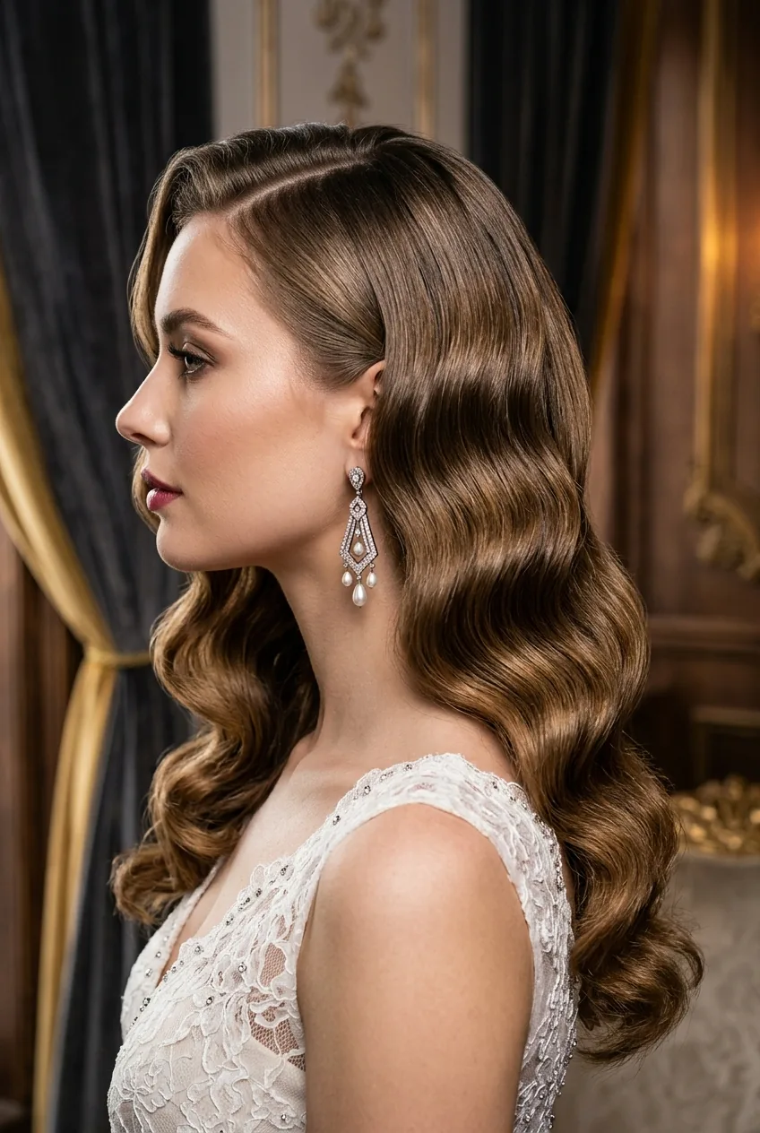 Side-swept Hollywood waves cascading over shoulder with deep dramatic part
