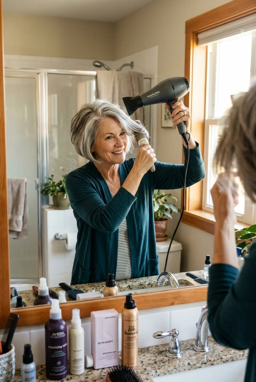 Woman over 60 blow-drying her short hair at home bathroom mirror with professional technique