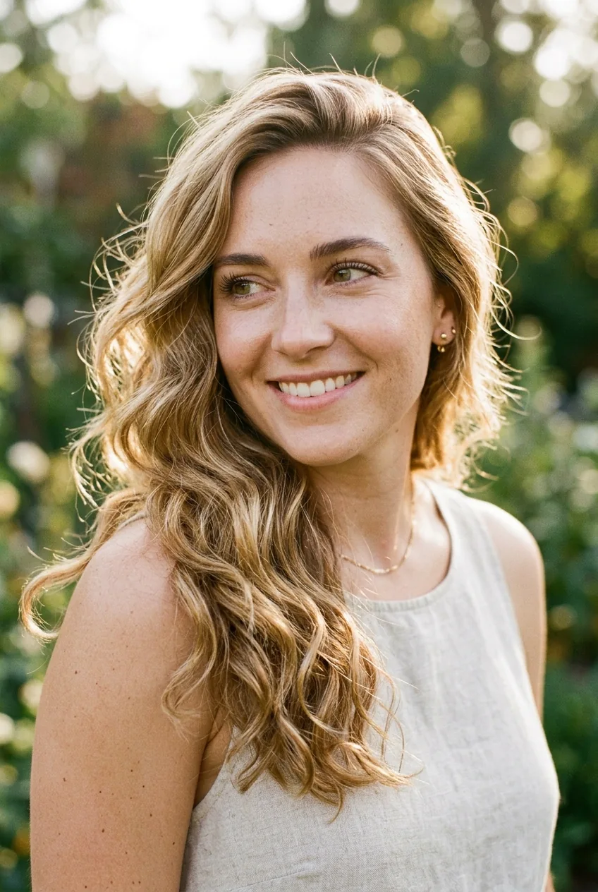 Close-up portrait of honey blonde wavy hair cascading over shoulder in warm natural sunlight