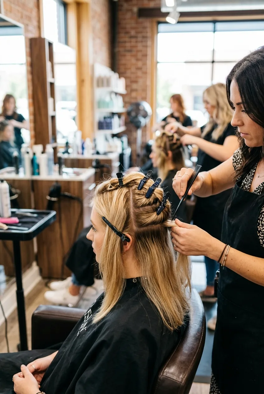 Woman's hair being sectioned into horizontal layers with multiple clips during styling process