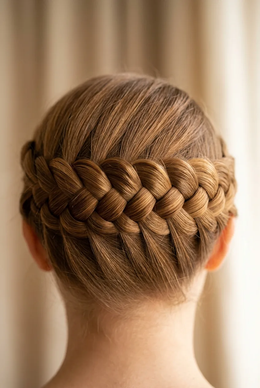 Infinity braid demonstrating figure-eight loops and flowing pattern in caramel colored hair