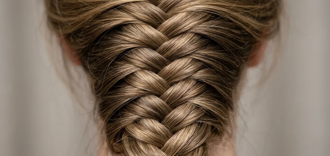 Close-up detail of intricate hair braid showing individual strand crossovers and weaving pattern