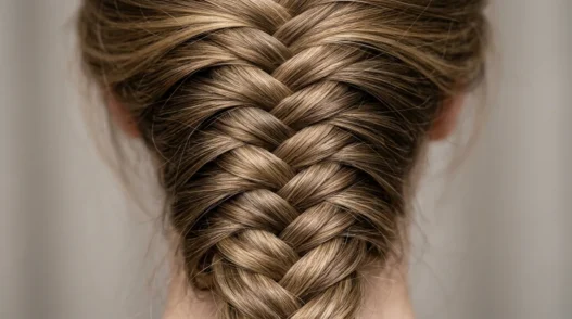 Close-up detail of intricate hair braid showing individual strand crossovers and weaving pattern