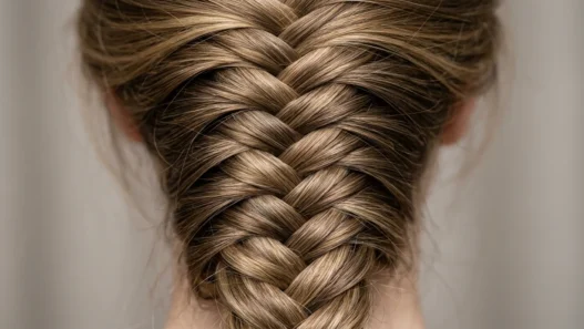 Close-up detail of intricate hair braid showing individual strand crossovers and weaving pattern