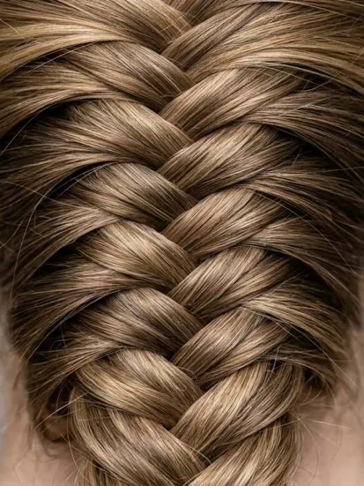 Close-up detail of intricate hair braid showing individual strand crossovers and weaving pattern