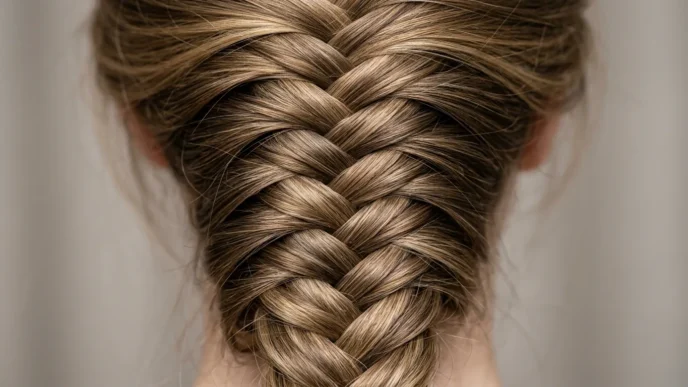 Close-up detail of intricate hair braid showing individual strand crossovers and weaving pattern