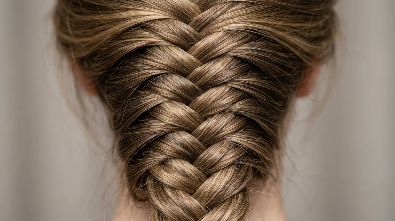 Close-up detail of intricate hair braid showing individual strand crossovers and weaving pattern