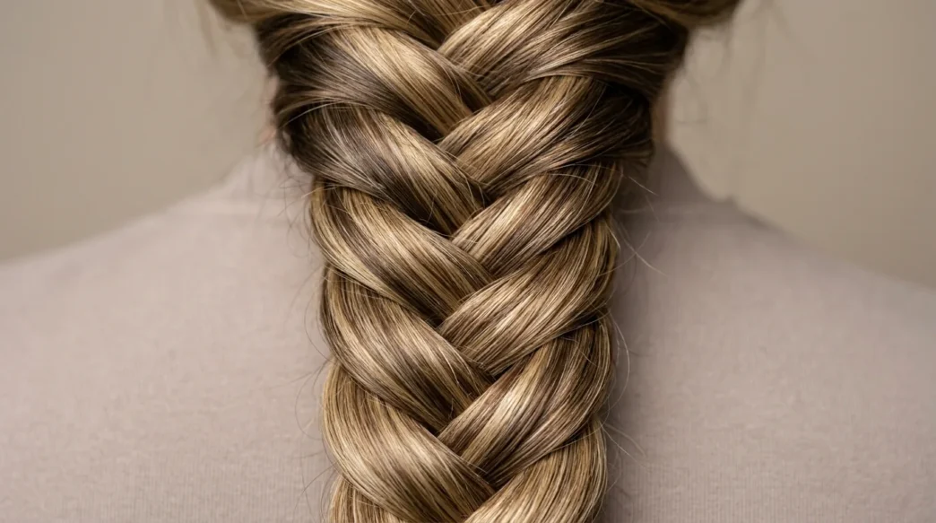 Close-up detail of intricate braid showing individual hair strands and crossover weaving technique