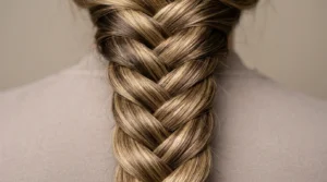 Close-up detail of intricate braid showing individual hair strands and crossover weaving technique