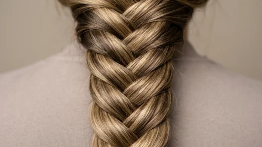Close-up detail of intricate braid showing individual hair strands and crossover weaving technique