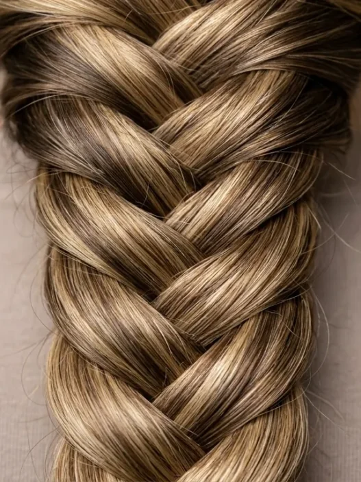 Close-up detail of intricate braid showing individual hair strands and crossover weaving technique