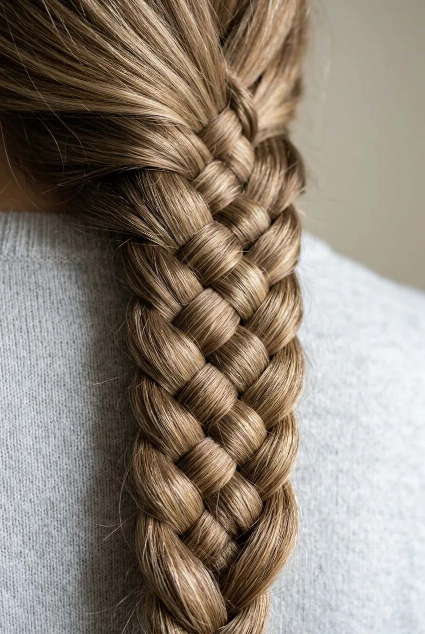 Extreme close-up of intricate braid showing individual hair strands and crossover weaving technique