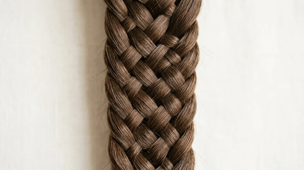 Close-up detail of intricate braid showing individual hair strands and crossover weaving pattern