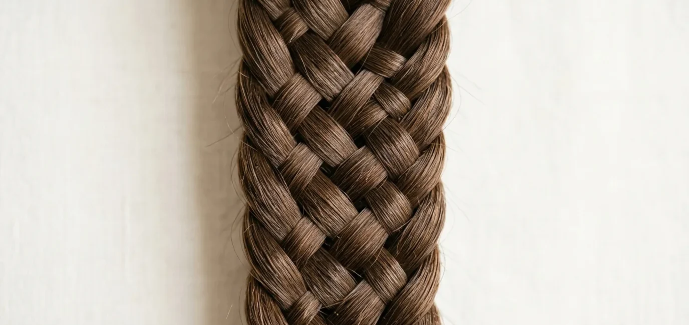 Close-up detail of intricate braid showing individual hair strands and crossover weaving pattern