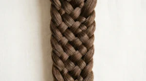 Close-up detail of intricate braid showing individual hair strands and crossover weaving pattern