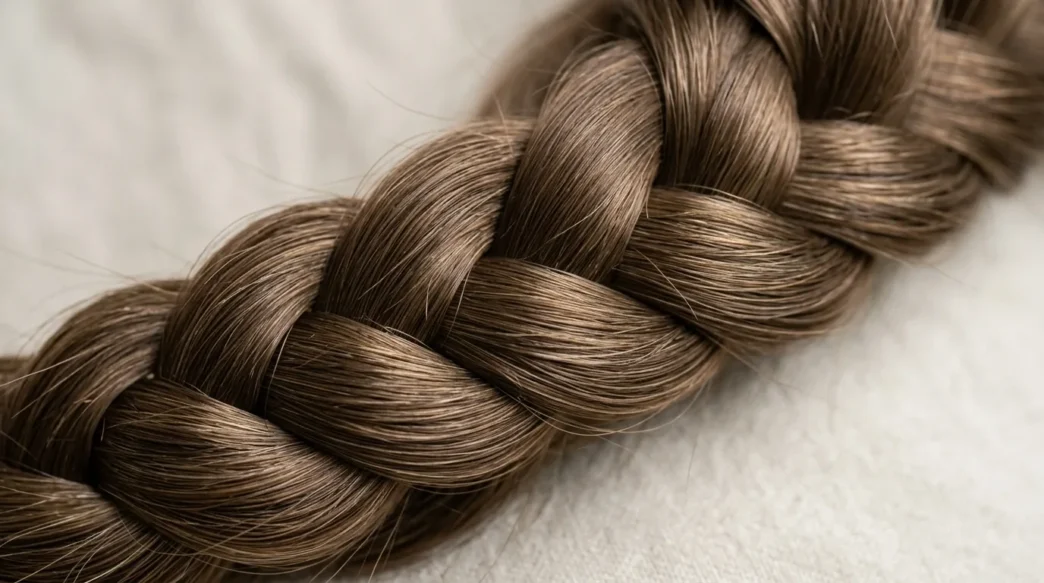 Close-up detail of intricate braid showing individual hair strands and crossover weaving technique