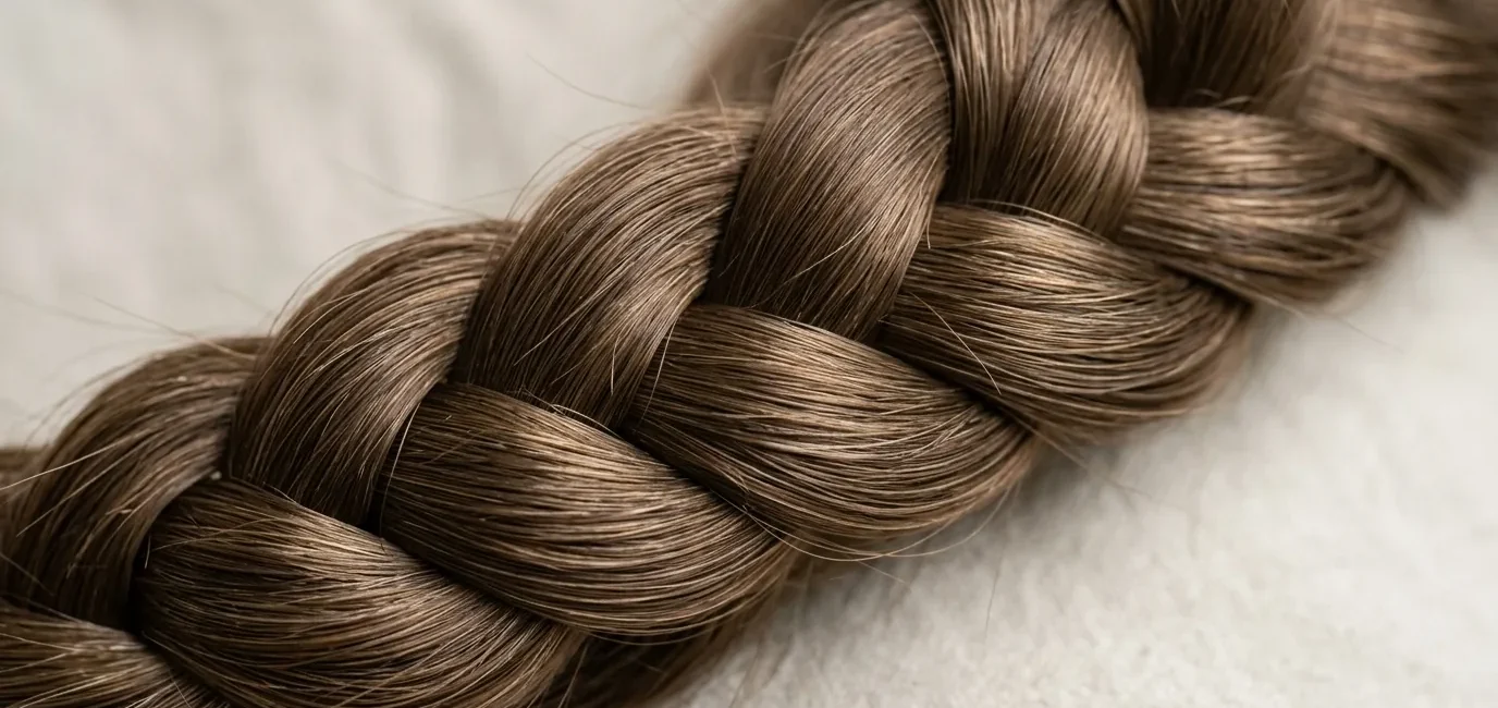 Close-up detail of intricate braid showing individual hair strands and crossover weaving technique