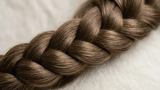 Close-up detail of intricate braid showing individual hair strands and crossover weaving technique