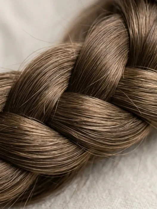 Close-up detail of intricate braid showing individual hair strands and crossover weaving technique
