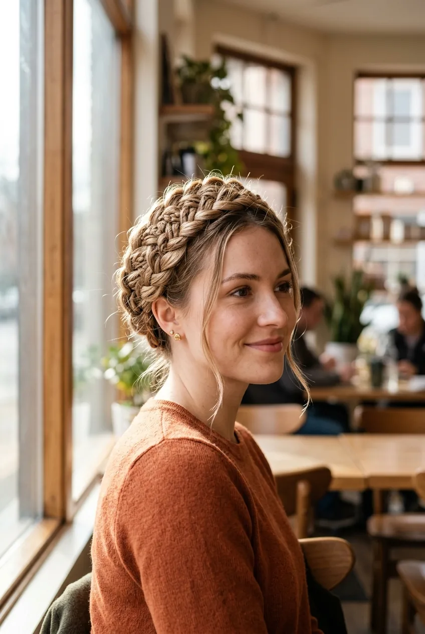 Woman with intricate braided crown halo showing elaborate crown braid pattern