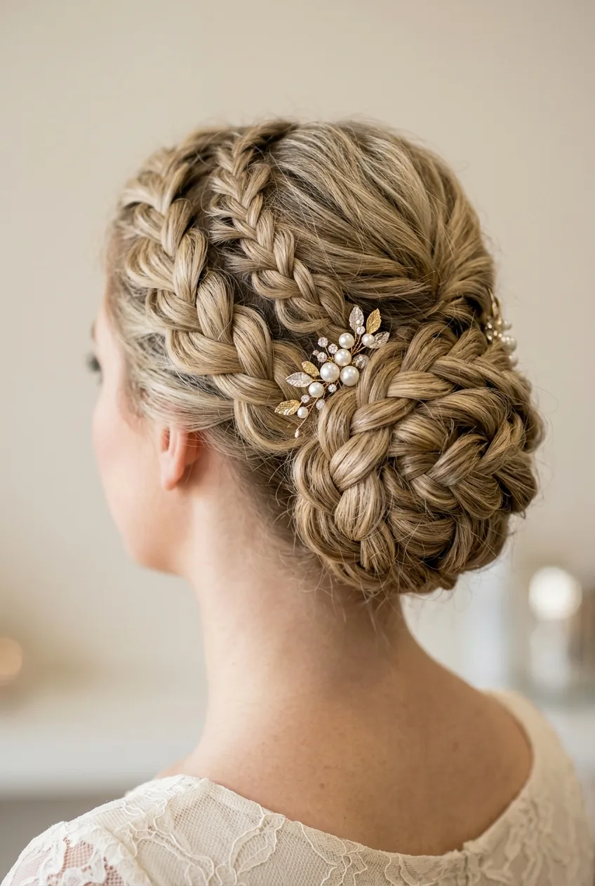 Detailed close-up of intricate wedding updo showing multiple braided sections and decorative pins