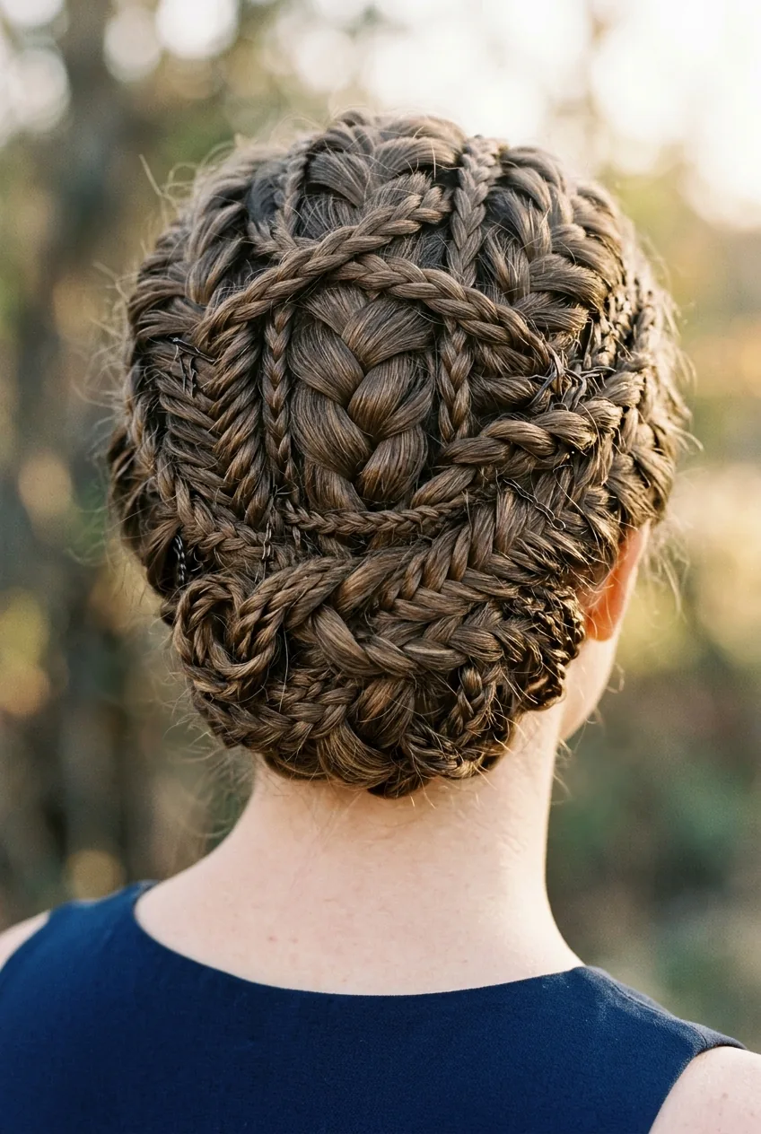 Intricate braided updo with multiple braid patterns layered and pinned together
